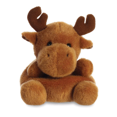 Palm Pals cinnamon reindeer plush in rich brown fur with dark brown velvet antlers and large snout