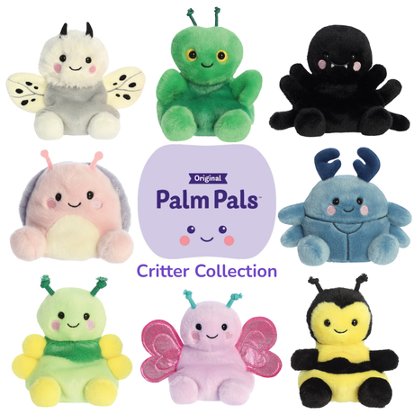 Full range of Palm Pals Critter Collection plush characters including butterfly, spider, bee and more
