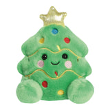 Plush toy shaped like a Christmas tree with a smiling face, colorful decorations, and a gold star on a white background.
