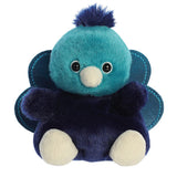 Aurora Palm Pals Elton Peacock plush — a teal-headed peacock soft toy with a deep navy blue body, shimmery dark blue fan tail feathers, a white beak, and a dark blue pompom crest