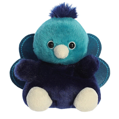 Aurora Palm Pals Elton Peacock plush — a teal-headed peacock soft toy with a deep navy blue body, shimmery dark blue fan tail feathers, a white beak, and a dark blue pompom crest