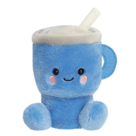 Aurora Palm Pals Essie Coffee Cup plush — a blue mug-shaped soft toy with a cream-coloured frothy top, a small straw, a handle, pink blush cheeks, and a smiling face