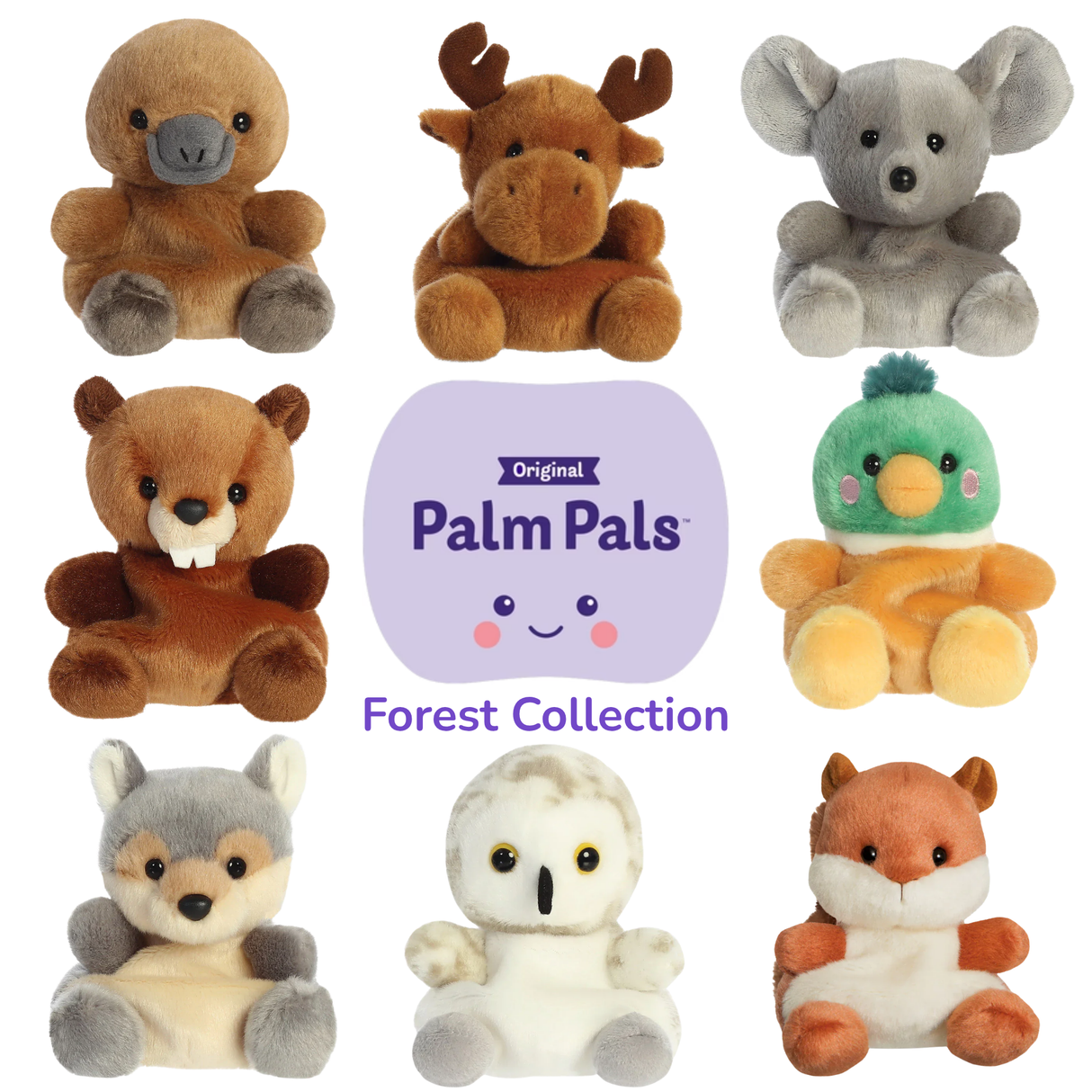 Full range of Palm Pals Forest Collection plush characters including duck, moose, mouse, beaver, fox and owl