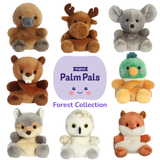 Full range of Palm Pals Forest Collection plush characters including duck, moose, mouse, beaver, fox and owl