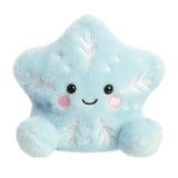 Palm Pals Frosty Snowflake plush, a small palm-sized stuffed pale blue star-shaped snowflake with white embroidered snowflake patterns, pink rosy cheeks, and a gentle smile