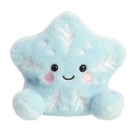 Palm Pals Frosty Snowflake plush, a small palm-sized stuffed pale blue star-shaped snowflake with white embroidered snowflake patterns, pink rosy cheeks, and a gentle smile