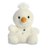 Palm Pals Froyo Snowman plush, a small palm-sized stuffed white snowman with an orange carrot nose, black bead eyes, a fluffy white pompom on top of their head, and two black embroidered buttons on the body