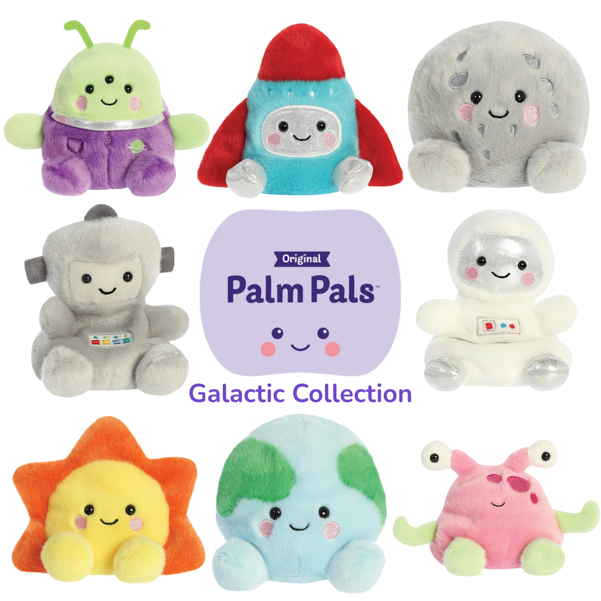 Full range of Palm Pals Galactic Collection plush characters including astronaut, rocket, moon, alien and earth