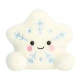 A cute, fluffy white plush toy shaped like a star, featuring embroidered light blue snowflakes, a black embroidered smiley face, and pink embroidered cheeks, set against a plain white background.