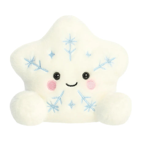 A cute, fluffy white plush toy shaped like a star, featuring embroidered light blue snowflakes, a black embroidered smiley face, and pink embroidered cheeks, set against a plain white background.
