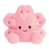 Aurora Palm Pals Hana Cherry Blossom plush — a pink five-petalled sakura flower soft toy with darker pink embroidered details, a smiling face, and rounded rounded feet