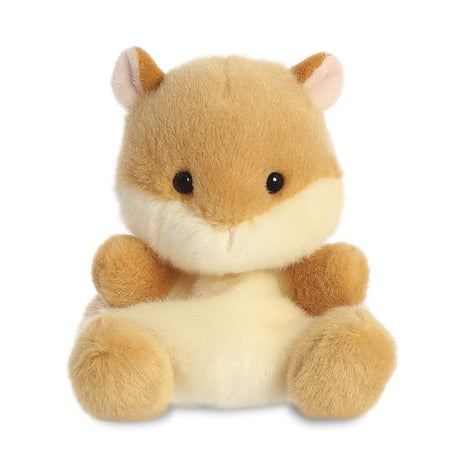 Palm Pals Happy Hamster plush, a small palm-sized stuffed hamster with golden brown and cream fur, plump chubby cheeks, and tiny rounded ears with pink inner ear detail