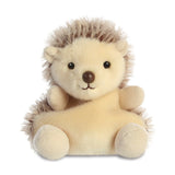 Palm Pals Hedgie Hedgehog plush, a small palm-sized stuffed hedgehog with a cream belly, spiky brown and beige quill-textured back, brown nose, and a sweet embroidered smile