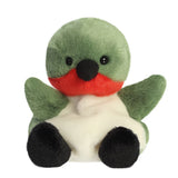 Plush toy with green body, red beak, and black feet on a white background
