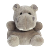 Aurora Palm Pals Hunk Hippo plush — a grey hippo soft toy with a wide rounded muzzle, small white tusk details, darker grey inner ears, and a sturdy seated pose
