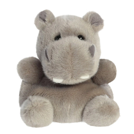 Aurora Palm Pals Hunk Hippo plush — a grey hippo soft toy with a wide rounded muzzle, small white tusk details, darker grey inner ears, and a sturdy seated pose