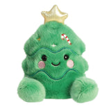Palm Pals Jubilee Christmas Tree plush, a small palm-sized stuffed green Christmas tree with a gold glittery star topper, embroidered candy cane and light details, a wavy garland line across the middle, and a smiling face with pink cheeks