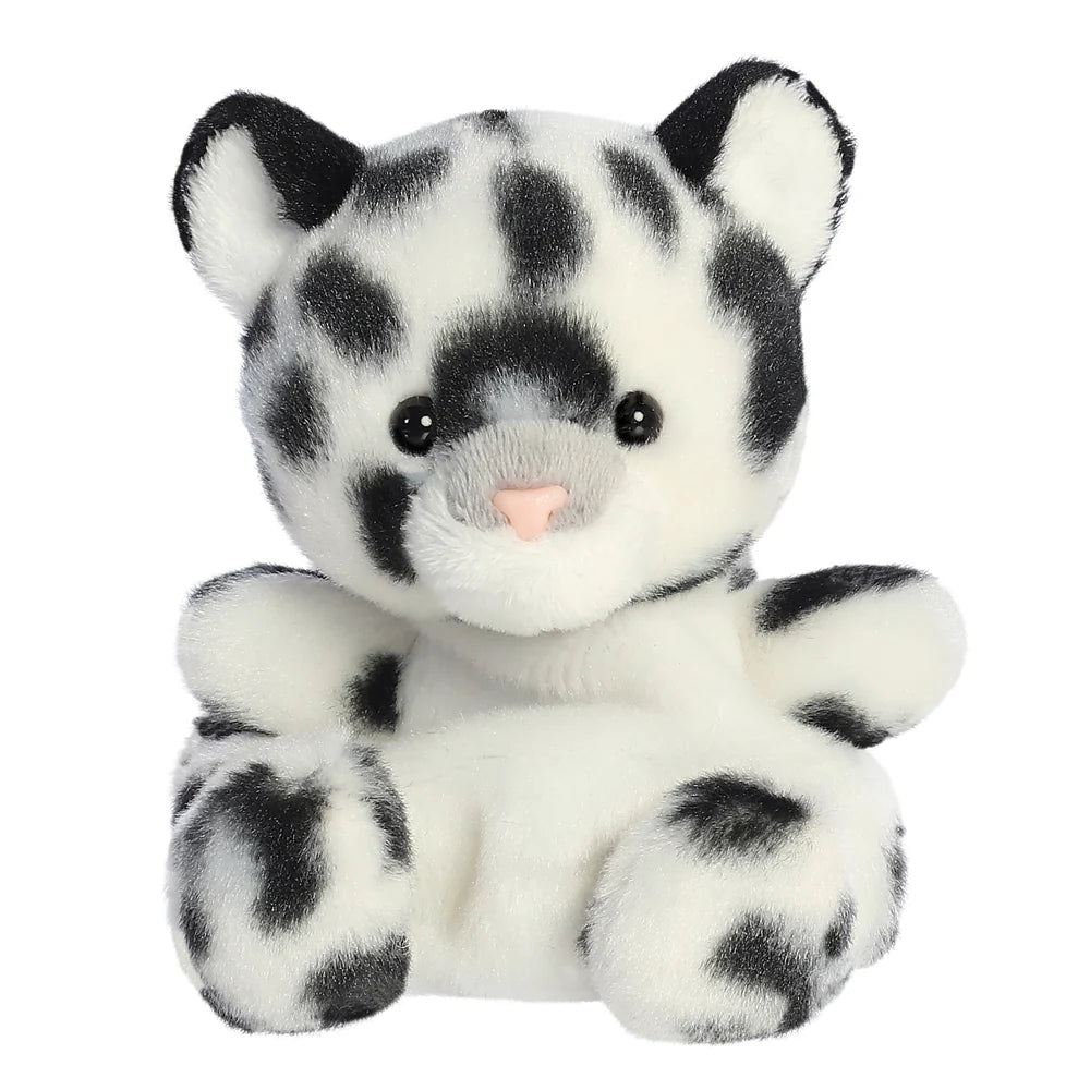 Plush toy snow leopard with black and white pattern on a white background