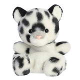 Plush toy snow leopard with black and white pattern on a white background