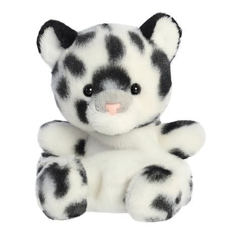 Plush toy snow leopard with black and white pattern on a white background