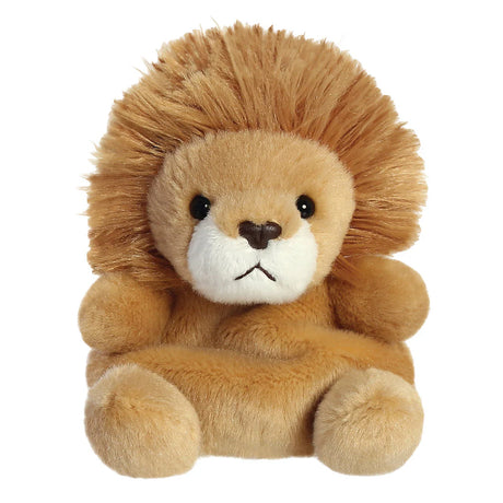 Aurora Palm Pals Leno Lion plush — a golden-brown lion soft toy with a full fluffy mane, white muzzle, dark brown nose, and a regal seated pose against a white background