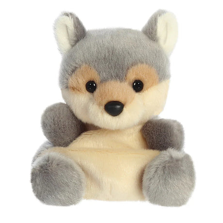 Palm Pals Lucian Wolf plush in grey and cream fur with tan facial markings and black nose
