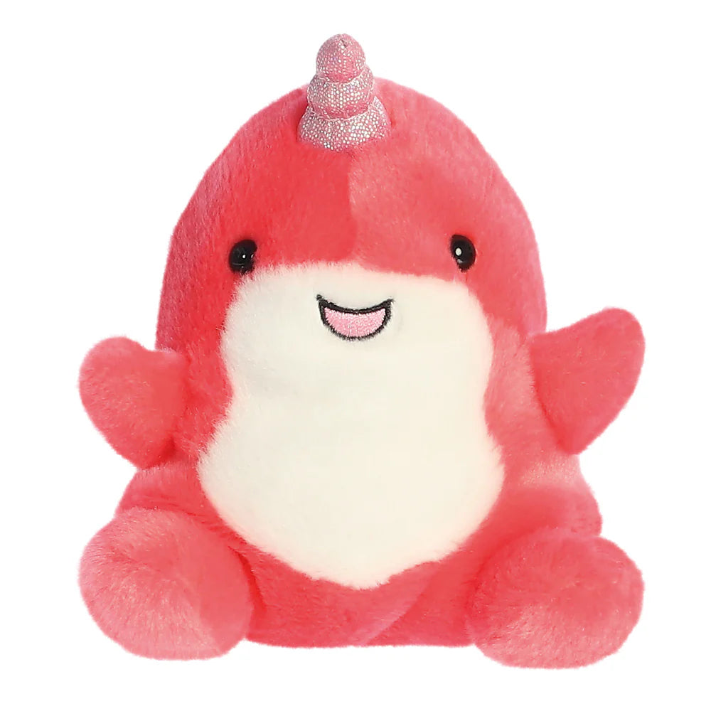 Red plush toy with a unicorn horn on a white background