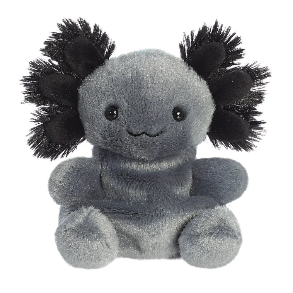 Palm Pals Onyx Axolotl mini plush with dark grey body and black fluffy gills