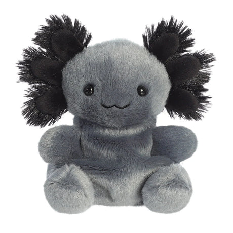 Palm Pals Onyx Axolotl mini plush with dark grey body and black fluffy gills