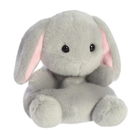Palm Pals Pebbles Bunny plush, a small palm-sized stuffed grey rabbit with long floppy ears lined with soft pink, dark bead eyes, and a round fluffy body