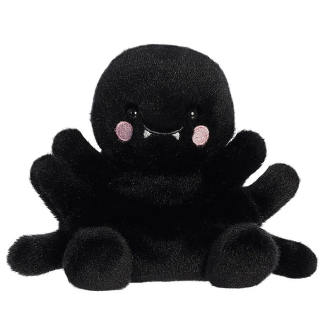 Palm Pals black penny mae spider plush with eight legs, pink embroidered cheeks and little fangs