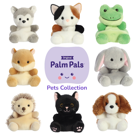 Aurora Palm Pals Pets Collection group shot showing eight palm-sized plush characters including Busky Husky, Peebs Calico Cat, Ribbits Frog, Happy Hamster, Clover Bunny, Hedgie Hedgehog, Twilight Black Cat, and Lady Spaniel arranged around the official Palm Pals Pets Collection logo