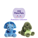 Aurora Palm Pals Prehistoric Collection group shot showing Tank Triceratops and Tyranno Rex plush characters arranged beneath the official Palm Pals Prehistoric Collection logo