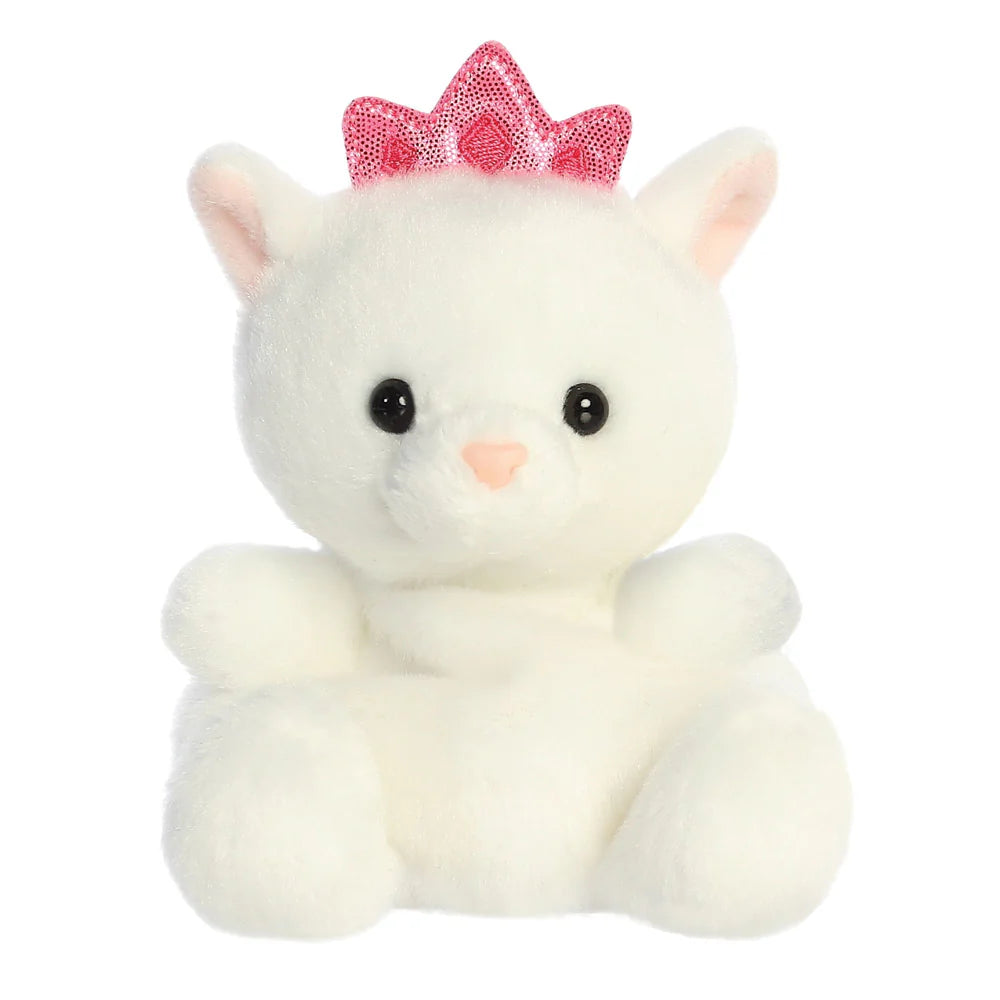 Palm Pals Priscilla Princess Kitty plush, a small palm-sized stuffed white cat with a glittery pink sequin crown, pink nose, and soft rounded ears with pink inner detail