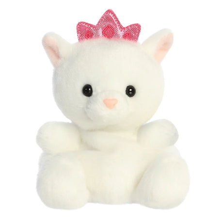 Palm Pals Priscilla Princess Kitty plush, a small palm-sized stuffed white cat with a glittery pink sequin crown, pink nose, and soft rounded ears with pink inner detail