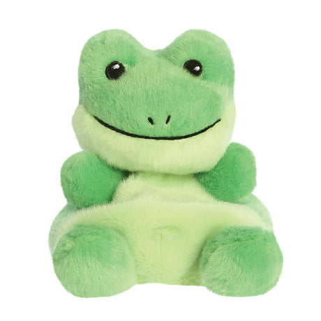 Palm Pals Ribbits Frog plush, a small palm-sized stuffed frog with a bright two-tone green body, a wide embroidered smile, and a pale cream belly