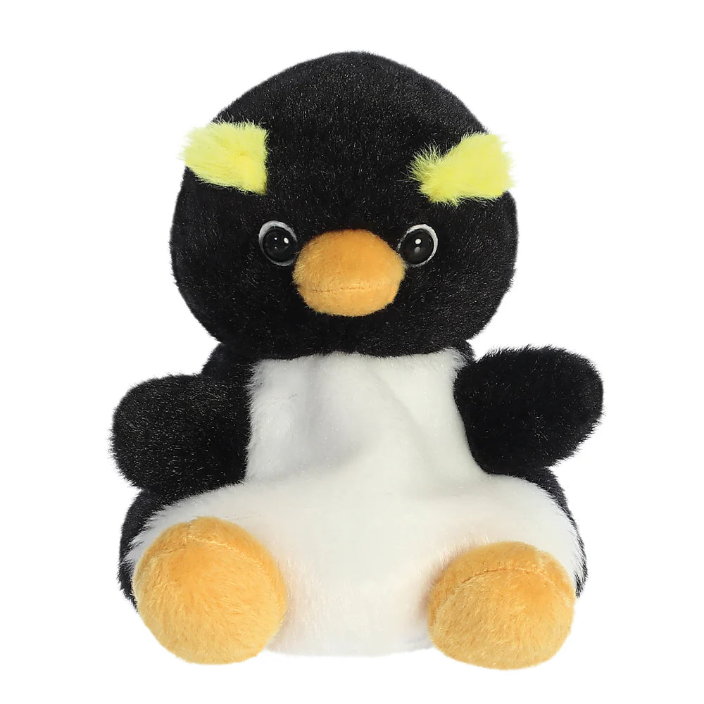 Plush penguin toy with black, white, and yellow colors on a white background