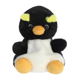 Plush penguin toy with black, white, and yellow colors on a white background