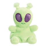Aurora Palm Pals Ross Alien plush — a light green alien soft toy with large oval purple eyes, two small rounded antennae, a tiny embroidered smile, and a compact round body