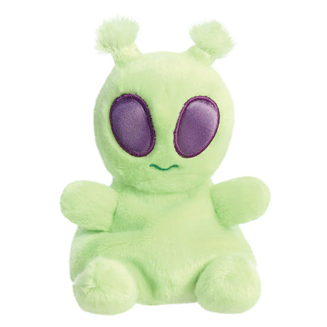 Aurora Palm Pals Ross Alien plush — a light green alien soft toy with large oval purple eyes, two small rounded antennae, a tiny embroidered smile, and a compact round body