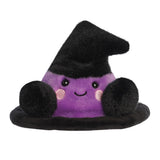 Purple plush toy with a black witch hat on a white background