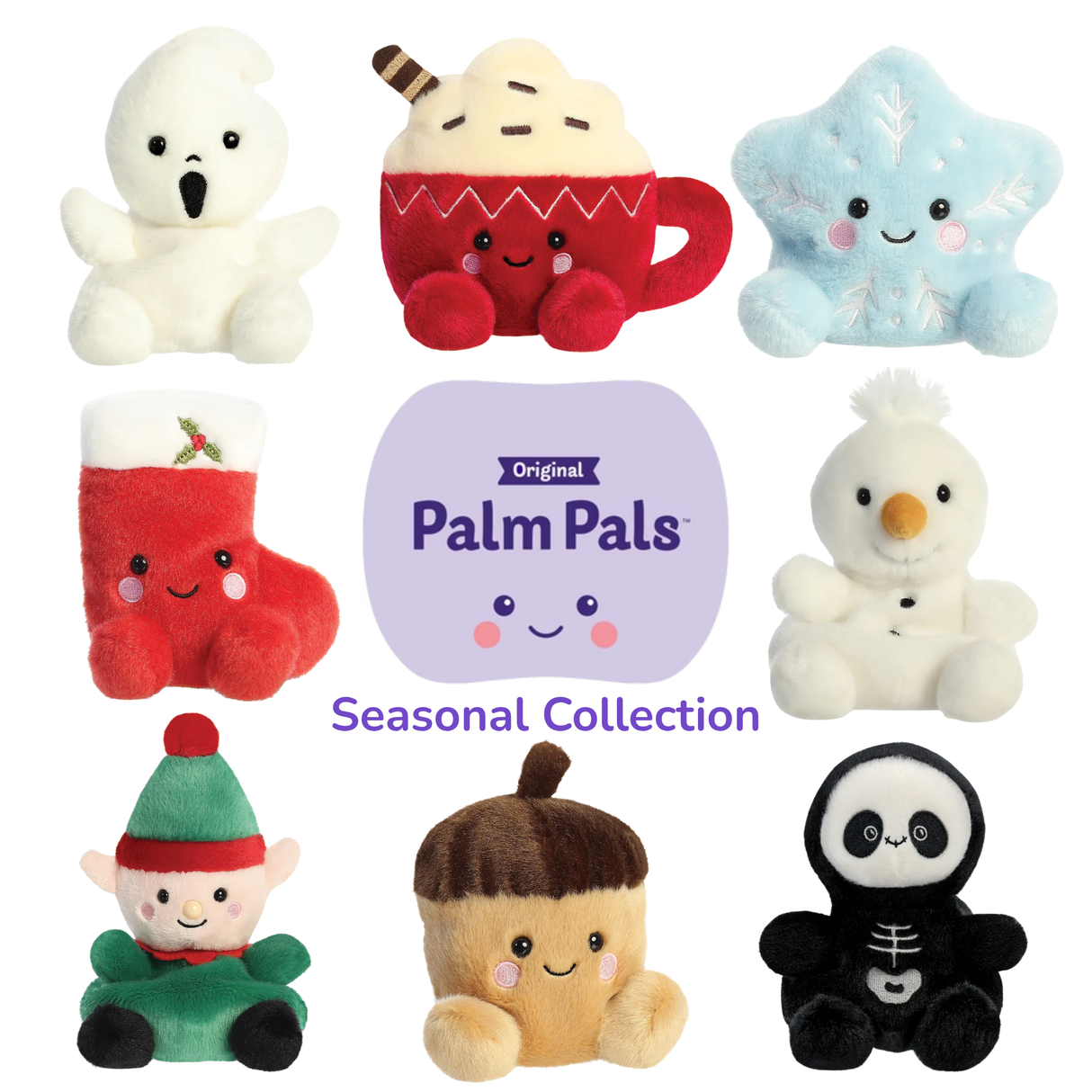 Aurora Palm Pals Seasonal Collection group shot showing eight palm-sized plush characters including Boo Ghost, Cassia Hot Cocoa, Froyo Snowflake, Holly Stocking, Freeze Snowman, Jolly Elf, Oak Acorn, and Skelly Skeleton arranged around the official Palm Pals Seasonal Collection logo