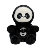 Palm Pals Skelly Skeleton plush, a small palm-sized stuffed grim reaper in a black hooded cloak with a white round face, embroidered hollow eyes, white skeletal ribcage detail on the chest, and a small embroidered heart at the base