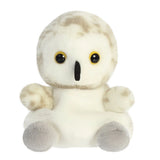 Palm Pals snowy owl plush with white and taupe speckled fur, yellow eyes and black beak