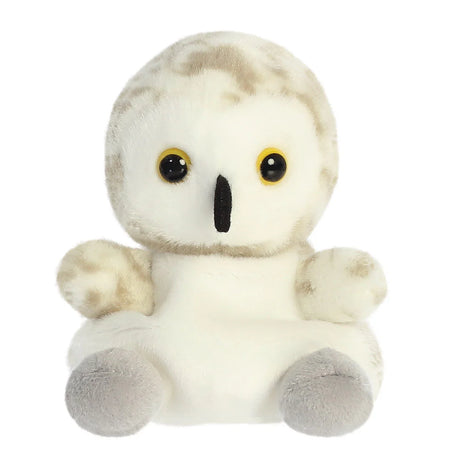 Palm Pals snowy owl plush with white and taupe speckled fur, yellow eyes and black beak