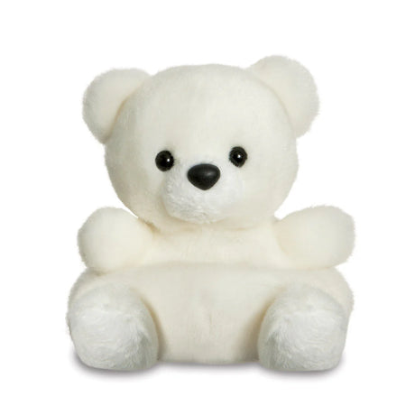 Aurora Palm Pals Snowy Polar Bear plush — a soft white polar bear soft toy with a black nose, small rounded ears, and a clean compact seated pose against a white background