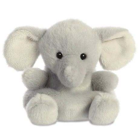 Aurora Palm Pals Stomps Elephant plush — a soft grey elephant soft toy with large floppy cream-lined ears, a short trunk, and a rounded seated pose against a white background