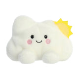 Aurora Palm Pals Summer Cloud plush — a fluffy white cloud soft toy with a small yellow sun peeking out from the corner, pink embroidered cheeks, and a gentle smiling face