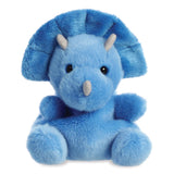 Palm Pals Tank Triceratops plush, a small palm-sized stuffed triceratops with a bright blue body, large blue frill, two short grey horns, and a single grey nose horn