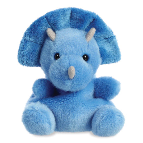 Palm Pals Tank Triceratops plush, a small palm-sized stuffed triceratops with a bright blue body, large blue frill, two short grey horns, and a single grey nose horn